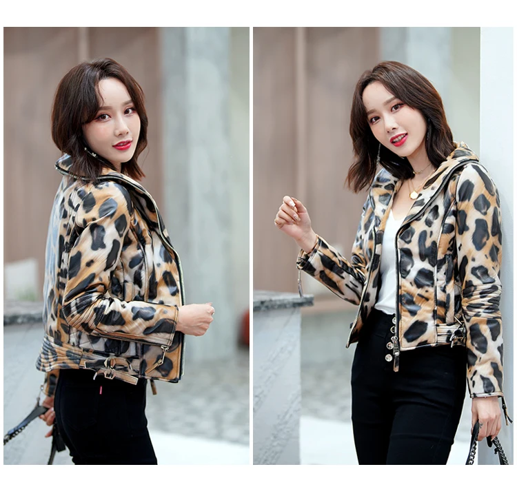 OFTBUY 2025 Luxury Winter Women Genuine Leather Short Brand Women Sheepskin Leopard Print Motorcycle Jacket Big Fur Collar Slim