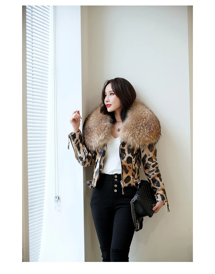 OFTBUY 2025 Luxury Winter Women Genuine Leather Short Brand Women Sheepskin Leopard Print Motorcycle Jacket Big Fur Collar Slim