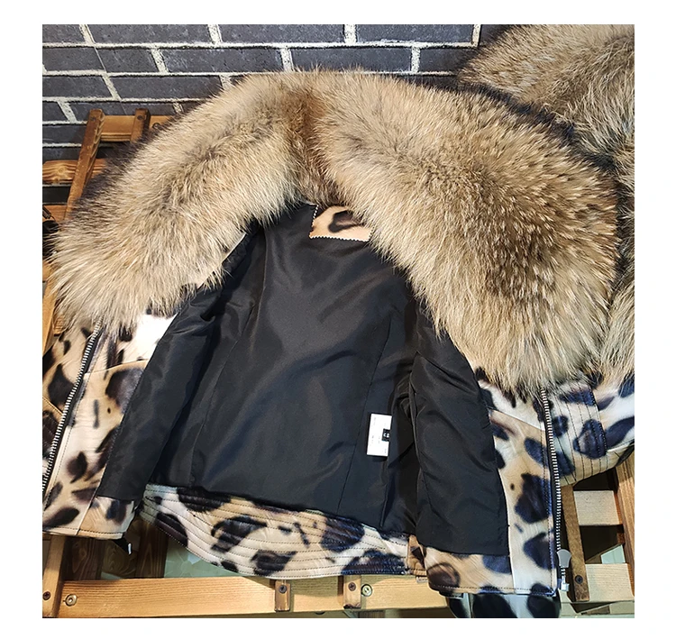 OFTBUY 2025 Luxury Winter Women Genuine Leather Short Brand Women Sheepskin Leopard Print Motorcycle Jacket Big Fur Collar Slim