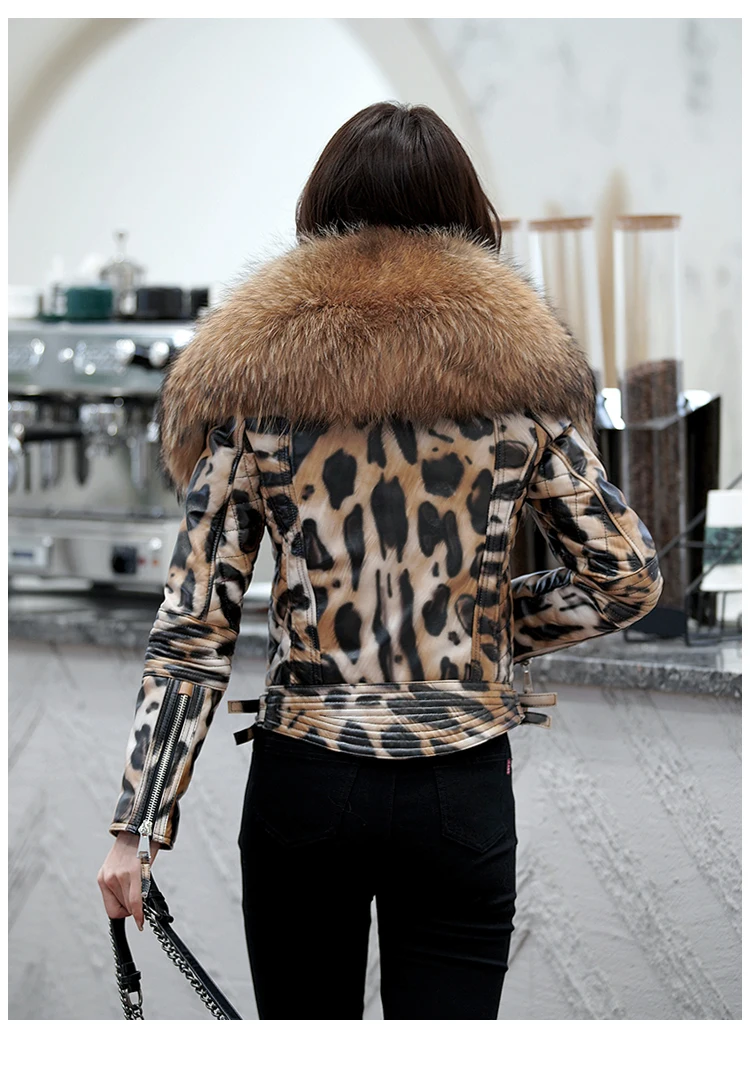 OFTBUY 2025 Luxury Winter Women Genuine Leather Short Brand Women Sheepskin Leopard Print Motorcycle Jacket Big Fur Collar Slim