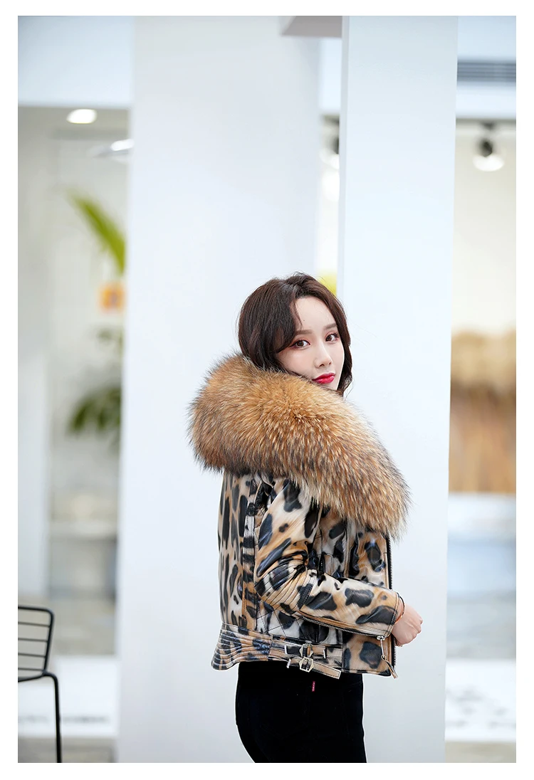 OFTBUY 2025 Luxury Winter Women Genuine Leather Short Brand Women Sheepskin Leopard Print Motorcycle Jacket Big Fur Collar Slim