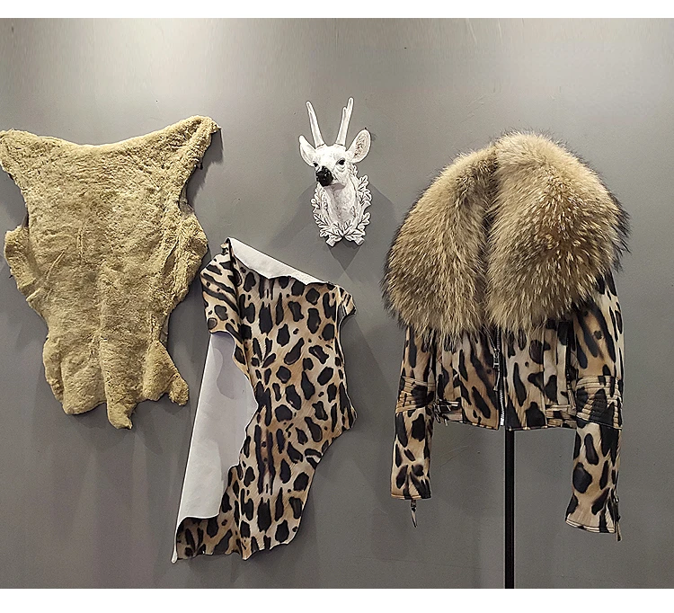 OFTBUY 2025 Luxury Winter Women Genuine Leather Short Brand Women Sheepskin Leopard Print Motorcycle Jacket Big Fur Collar Slim