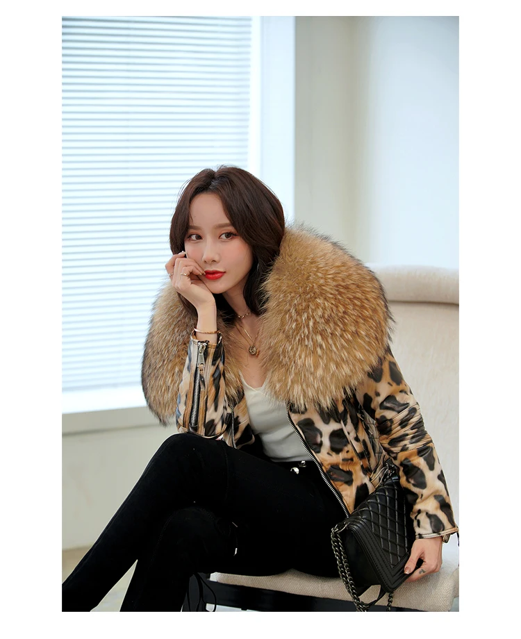OFTBUY 2025 Luxury Winter Women Genuine Leather Short Brand Women Sheepskin Leopard Print Motorcycle Jacket Big Fur Collar Slim