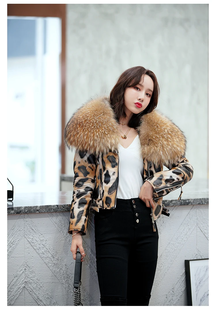 OFTBUY 2025 Luxury Winter Women Genuine Leather Short Brand Women Sheepskin Leopard Print Motorcycle Jacket Big Fur Collar Slim