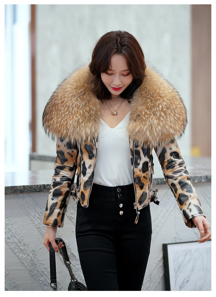 OFTBUY 2025 Luxury Winter Women Genuine Leather Short Brand Women Sheepskin Leopard Print Motorcycle Jacket Big Fur Collar Slim