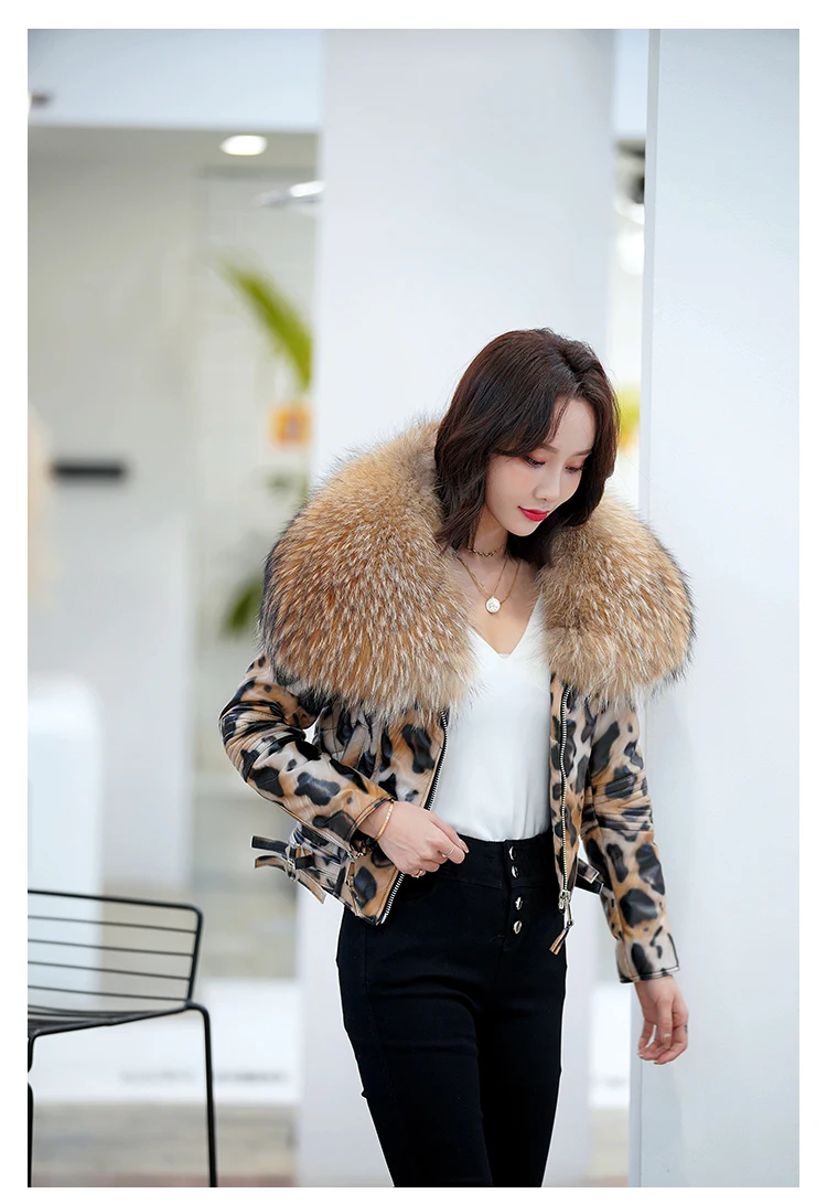OFTBUY 2025 Luxury Winter Women Genuine Leather Short Brand Women Sheepskin Leopard Print Motorcycle Jacket Big Fur Collar Slim