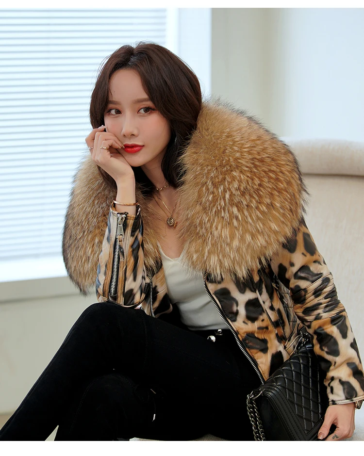 OFTBUY 2025 Luxury Winter Women Genuine Leather Short Brand Women Sheepskin Leopard Print Motorcycle Jacket Big Fur Collar Slim