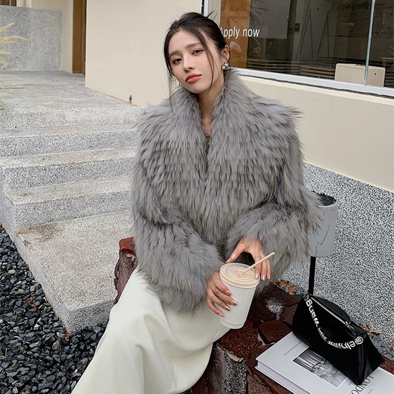 Women's Winter Korean Fashion Short Slim Fit Real Raccoon Fur Jacket Large Lapel Sexy Office Lady Style 2025