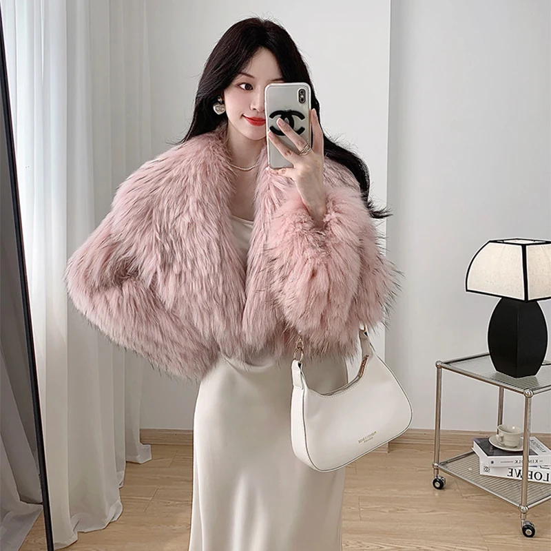 Women's Winter Korean Fashion Short Slim Fit Real Raccoon Fur Jacket Large Lapel Sexy Office Lady Style 2025
