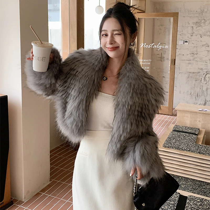 Women's Winter Korean Fashion Short Slim Fit Real Raccoon Fur Jacket Large Lapel Sexy Office Lady Style 2025