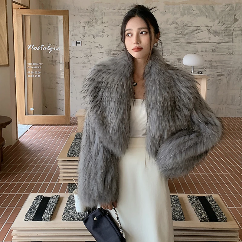 Women's Winter Korean Fashion Short Slim Fit Real Raccoon Fur Jacket Large Lapel Sexy Office Lady Style 2025