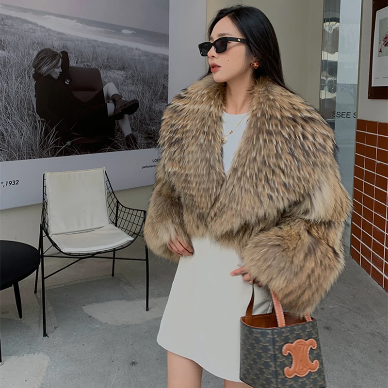 Women's Winter Korean Fashion Short Slim Fit Real Raccoon Fur Jacket Large Lapel Sexy Office Lady Style 2025