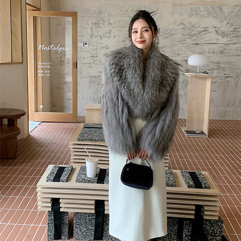 Women's Winter Korean Fashion Short Slim Fit Real Raccoon Fur Jacket Large Lapel Sexy Office Lady Style 2025