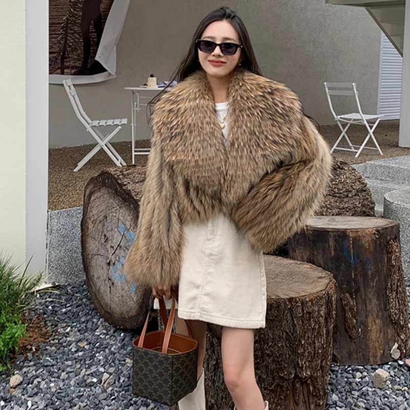 Women's Winter Korean Fashion Short Slim Fit Real Raccoon Fur Jacket Large Lapel Sexy Office Lady Style 2025