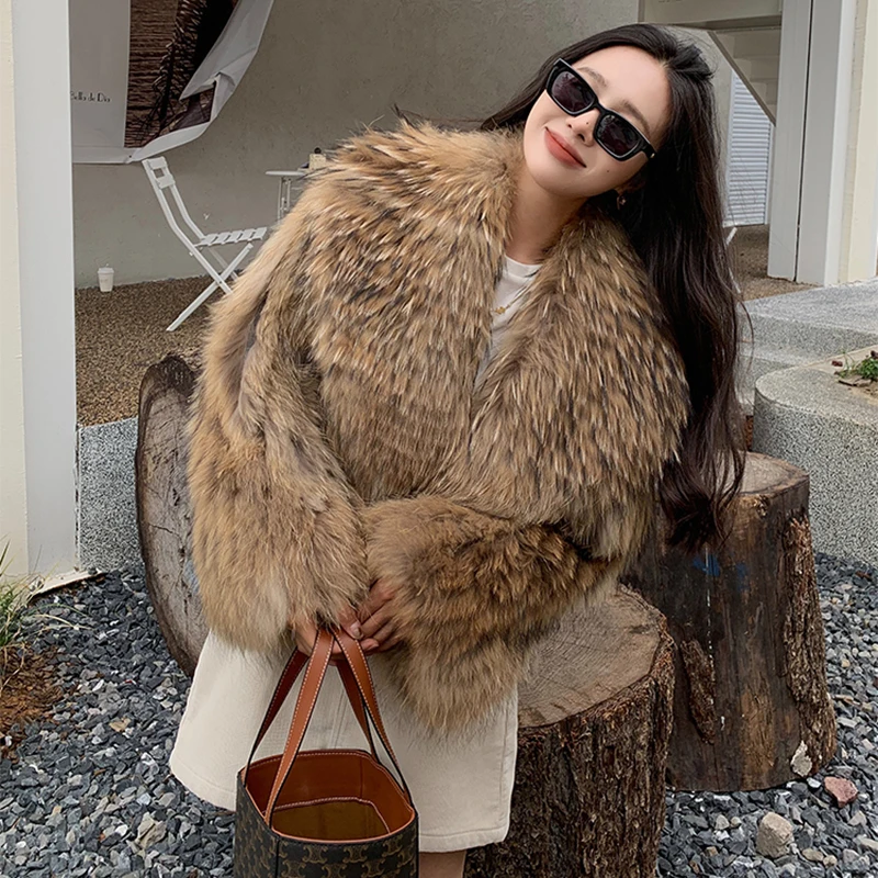 Women's Winter Korean Fashion Short Slim Fit Real Raccoon Fur Jacket Large Lapel Sexy Office Lady Style 2025