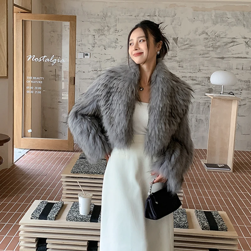 Women's Winter Korean Fashion Short Slim Fit Real Raccoon Fur Jacket Large Lapel Sexy Office Lady Style 2025