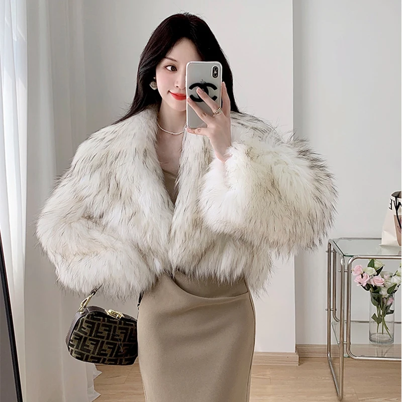 Women's Winter Korean Fashion Short Slim Fit Real Raccoon Fur Jacket Large Lapel Sexy Office Lady Style 2025