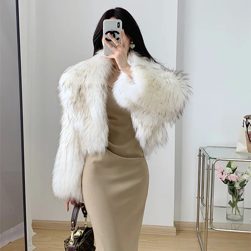 Women's Winter Korean Fashion Short Slim Fit Real Raccoon Fur Jacket Large Lapel Sexy Office Lady Style 2025