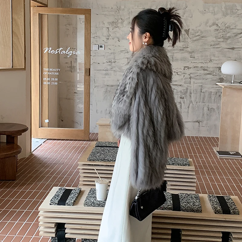 Women's Winter Korean Fashion Short Slim Fit Real Raccoon Fur Jacket Large Lapel Sexy Office Lady Style 2025