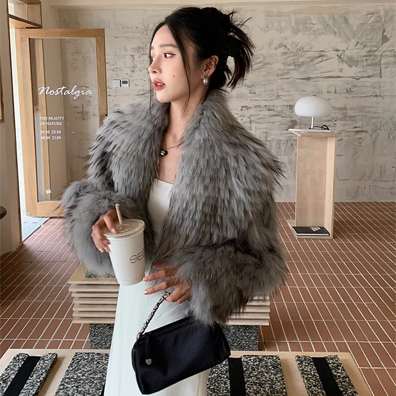 Women's Winter Korean Fashion Short Slim Fit Real Raccoon Fur Jacket Large Lapel Sexy Office Lady Style 2025