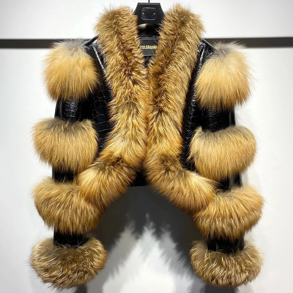 QUEENTINA Real Fur Coat New Outwears Alligator Women's Fashion Luxury Jacket Alligator Clothing Natural Fox Fur 2024
