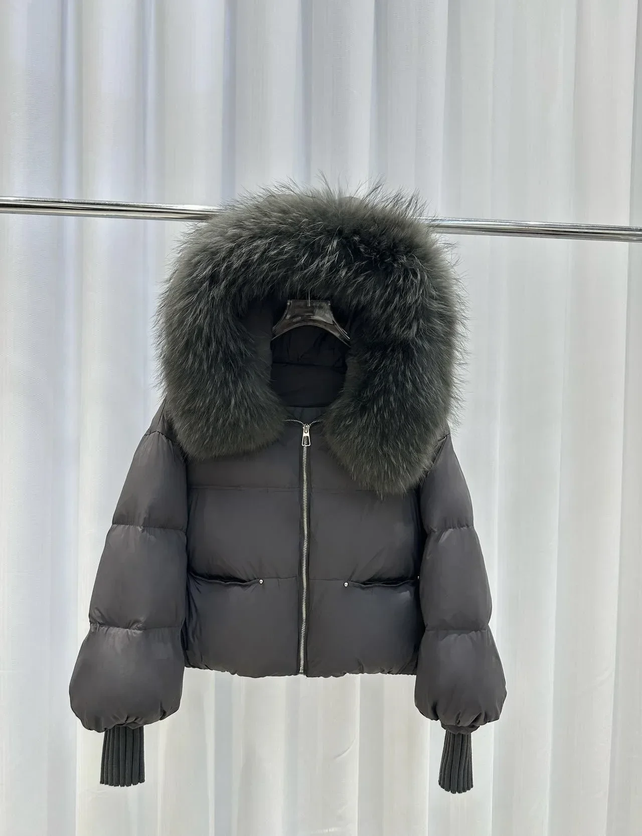 OFTBUY Women Hooded Real Rccoon Fur Duck Down Parkas Fashion Zipper Pocket Thick Short Puffer Coat Jacket with Fur for Female