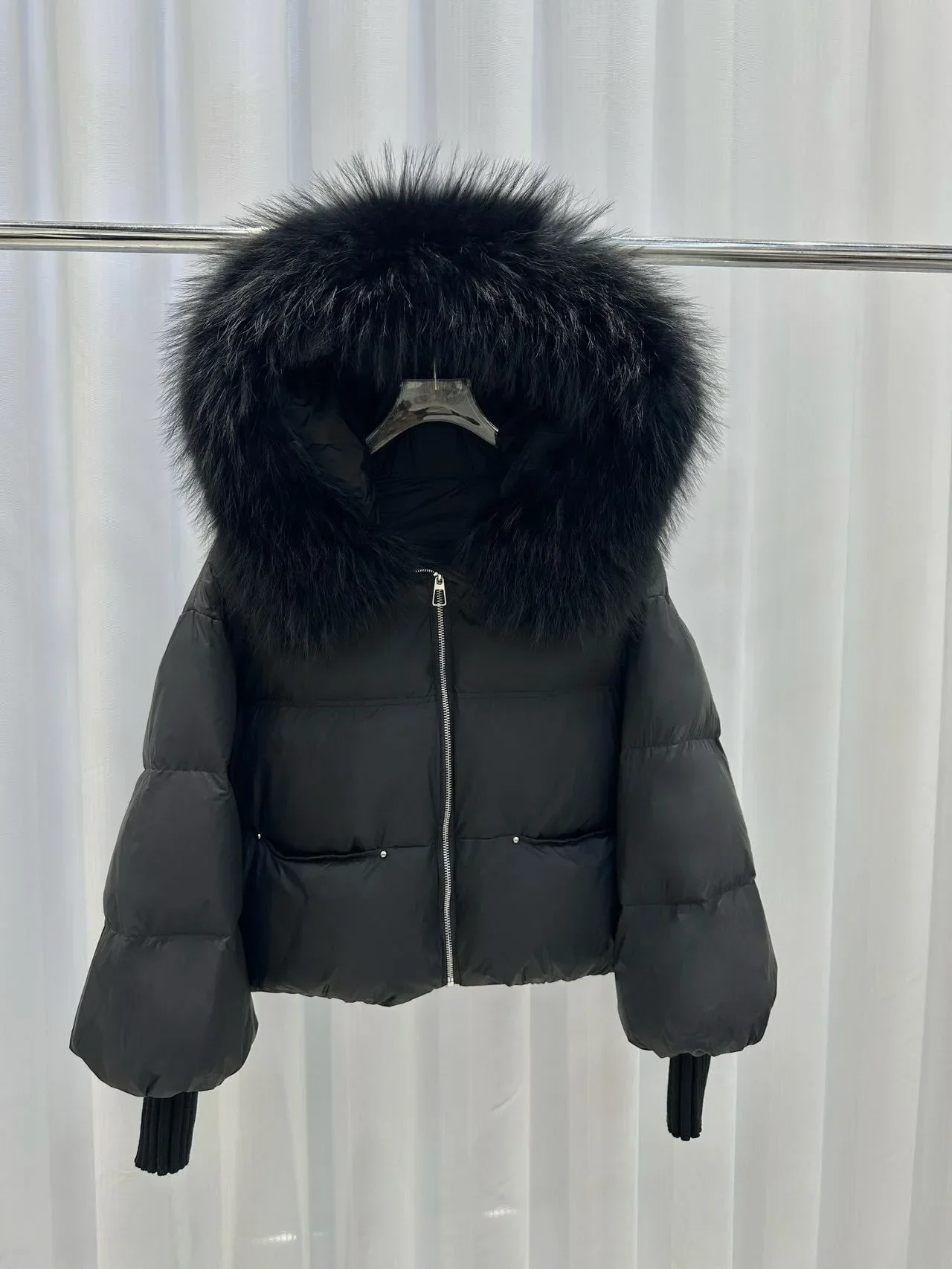 OFTBUY Women Hooded Real Rccoon Fur Duck Down Parkas Fashion Zipper Pocket Thick Short Puffer Coat Jacket with Fur for Female