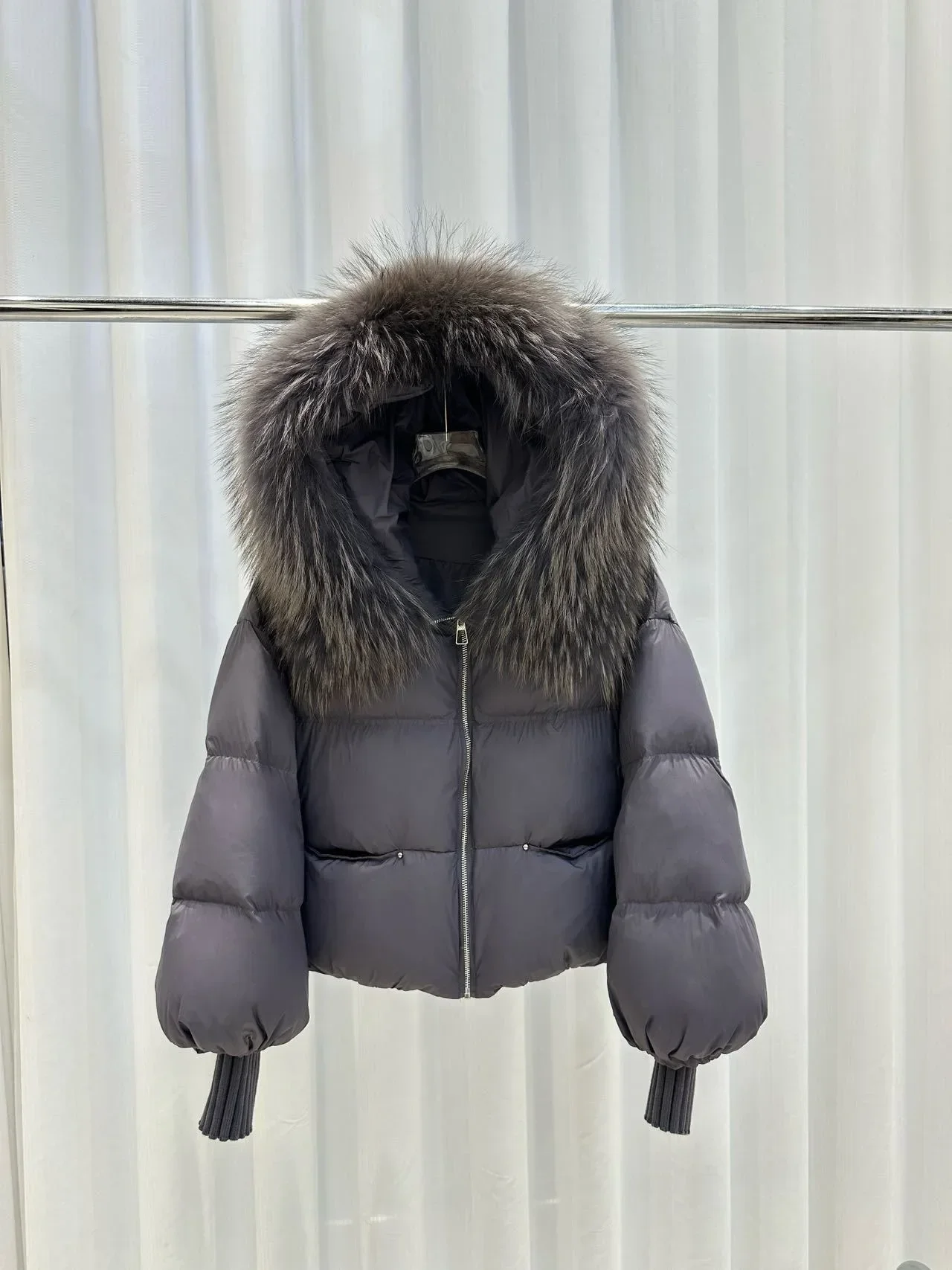 OFTBUY Women Hooded Real Rccoon Fur Duck Down Parkas Fashion Zipper Pocket Thick Short Puffer Coat Jacket with Fur for Female