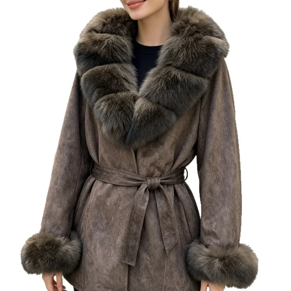 OFTBUY Fashion Waist Tie Long Clothes with Real Fur Women Winter Warm Suede Belted Coat Big Natural Fur Collar Slim Jacket