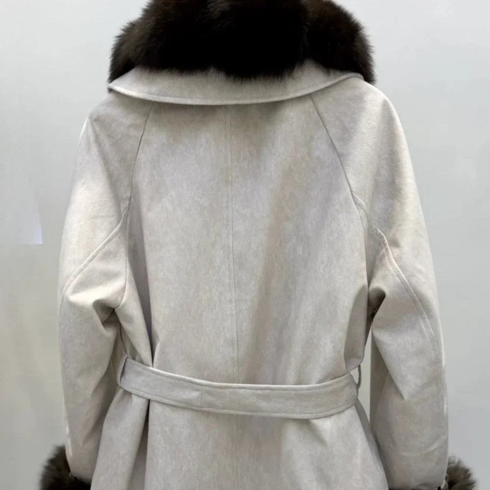 OFTBUY Fashion Waist Tie Long Clothes with Real Fur Women Winter Warm Suede Belted Coat Big Natural Fur Collar Slim Jacket