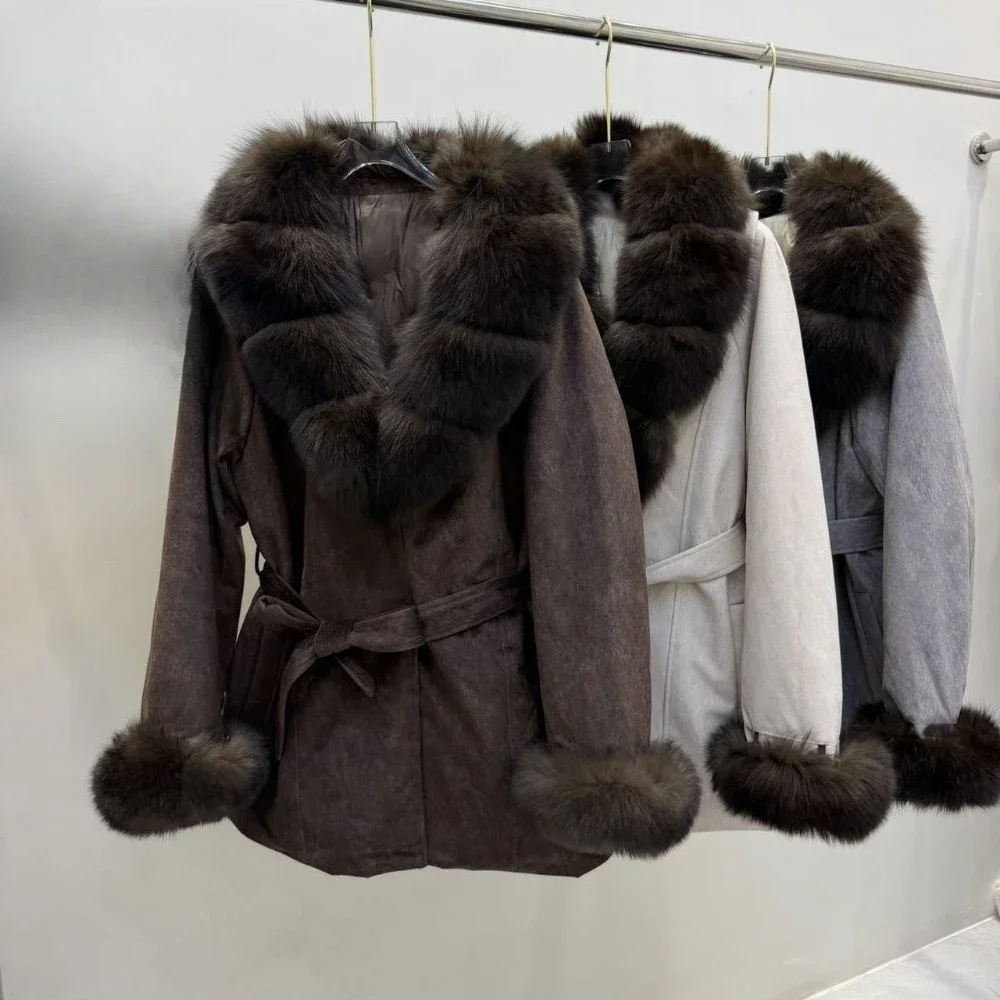 OFTBUY Fashion Waist Tie Long Clothes with Real Fur Women Winter Warm Suede Belted Coat Big Natural Fur Collar Slim Jacket