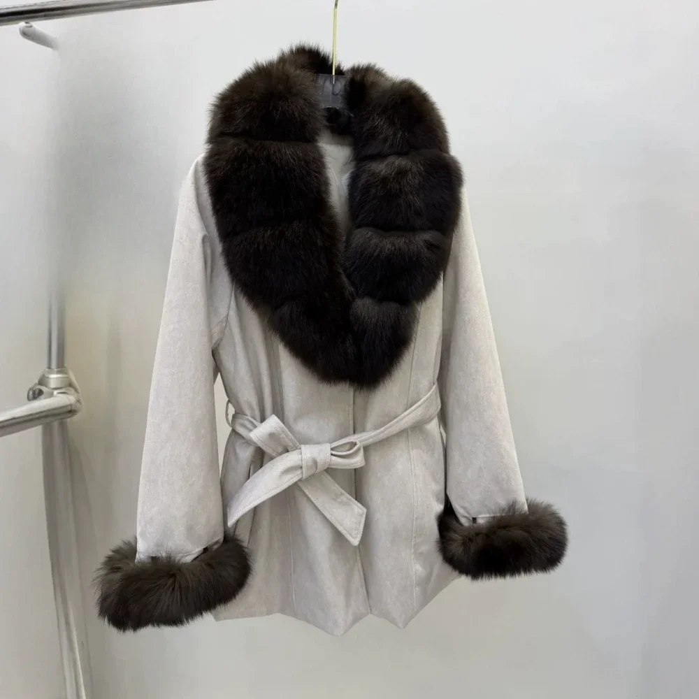 OFTBUY Fashion Waist Tie Long Clothes with Real Fur Women Winter Warm Suede Belted Coat Big Natural Fur Collar Slim Jacket