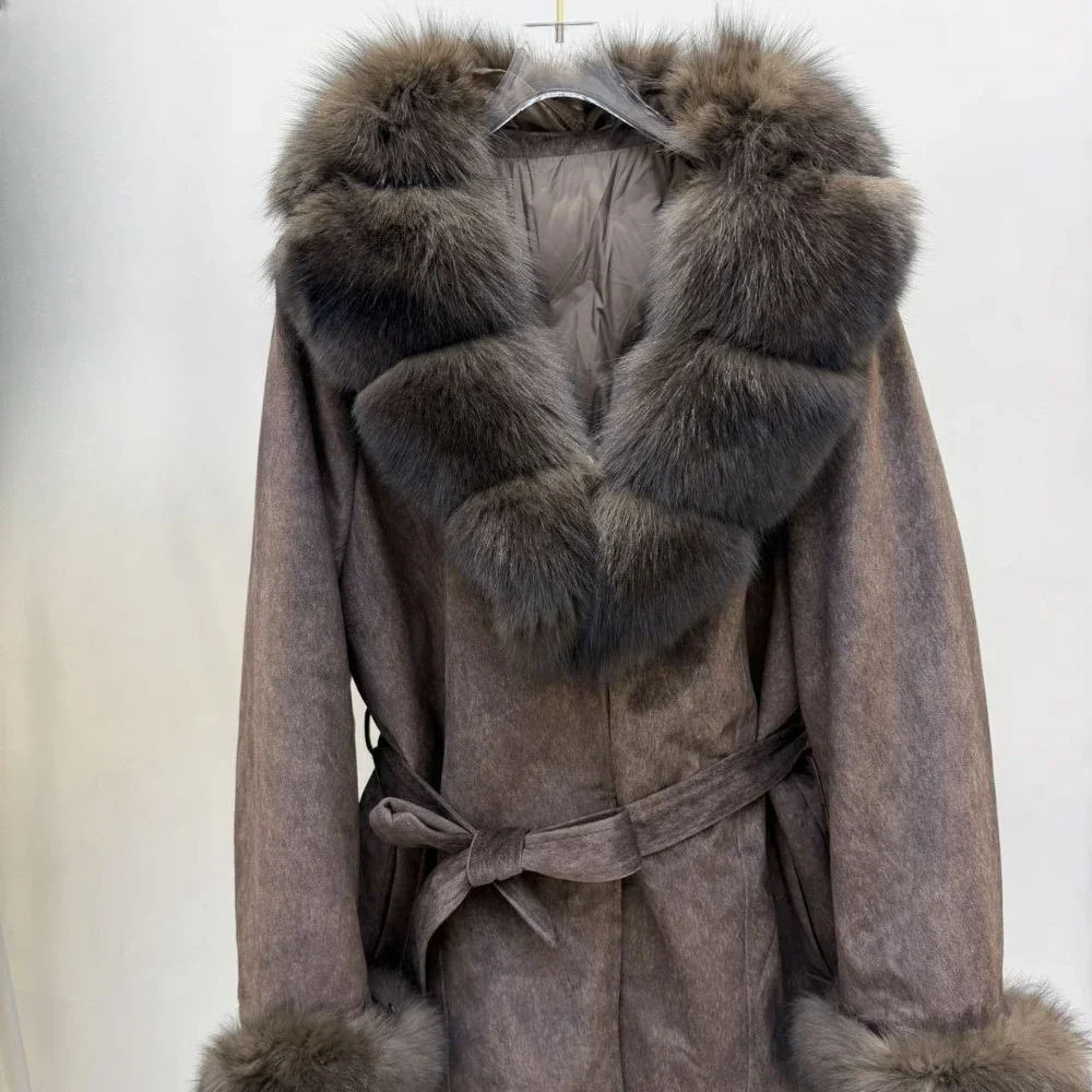 OFTBUY Fashion Waist Tie Long Clothes with Real Fur Women Winter Warm Suede Belted Coat Big Natural Fur Collar Slim Jacket