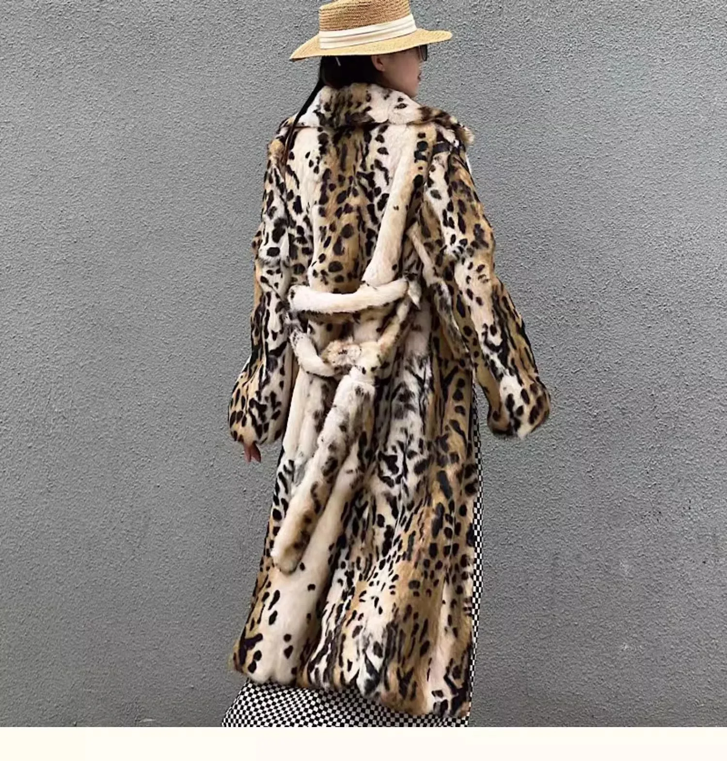 Genuine natural real Rabbit Fur Coat women's long leopard jacket with belt ladies warm winter outwear custom any size
