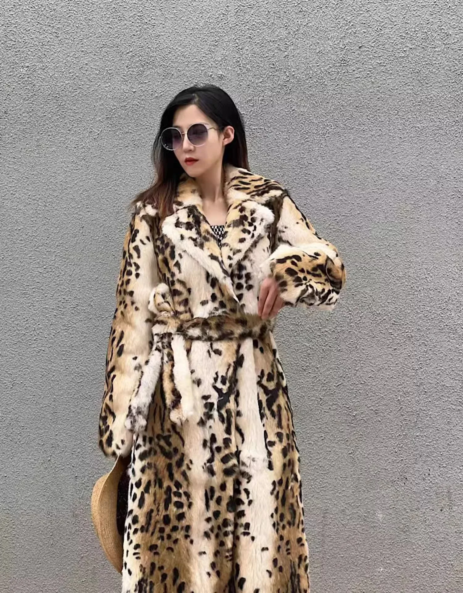 Genuine natural real Rabbit Fur Coat women's long leopard jacket with belt ladies warm winter outwear custom any size