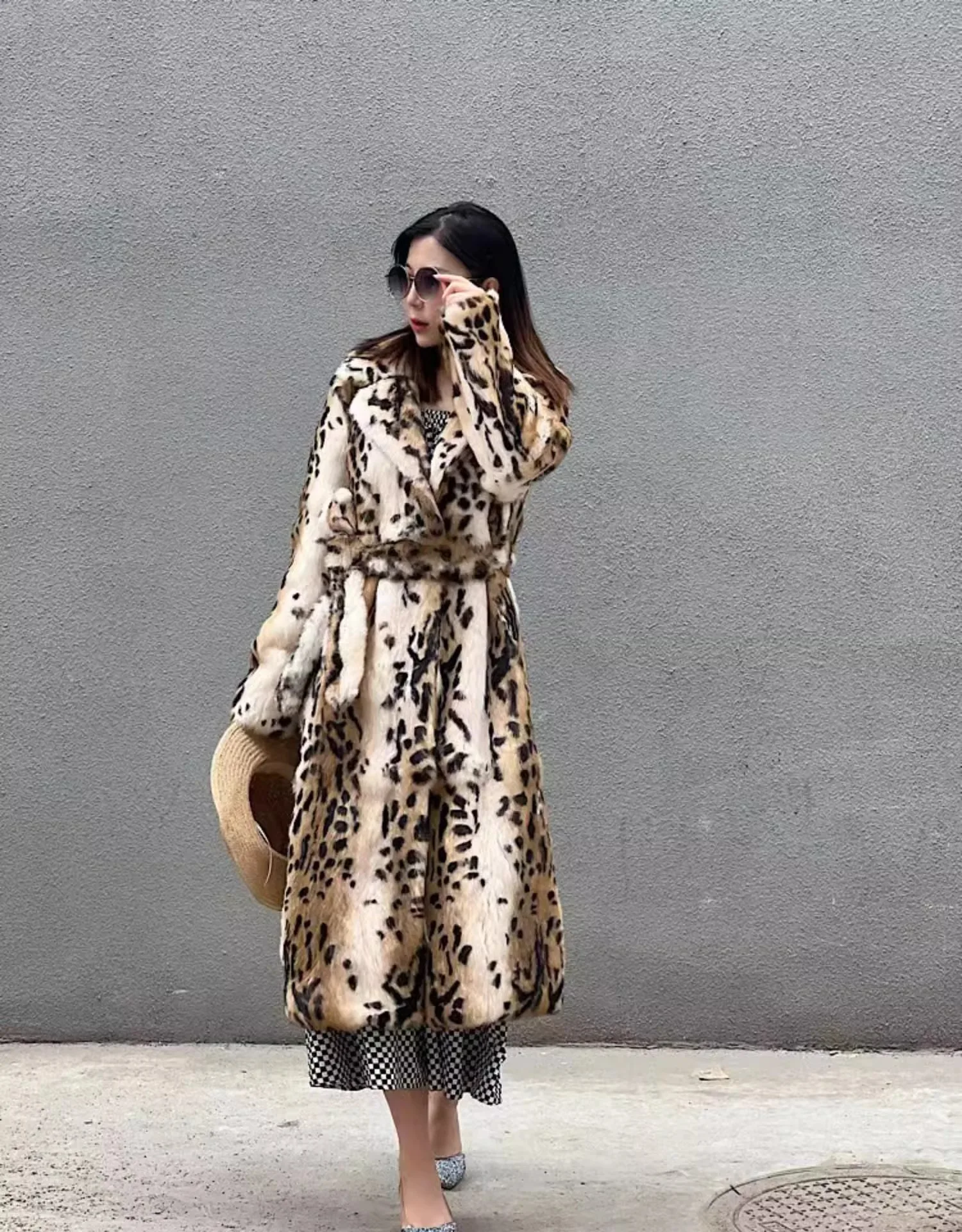 Genuine natural real Rabbit Fur Coat women's long leopard jacket with belt ladies warm winter outwear custom any size