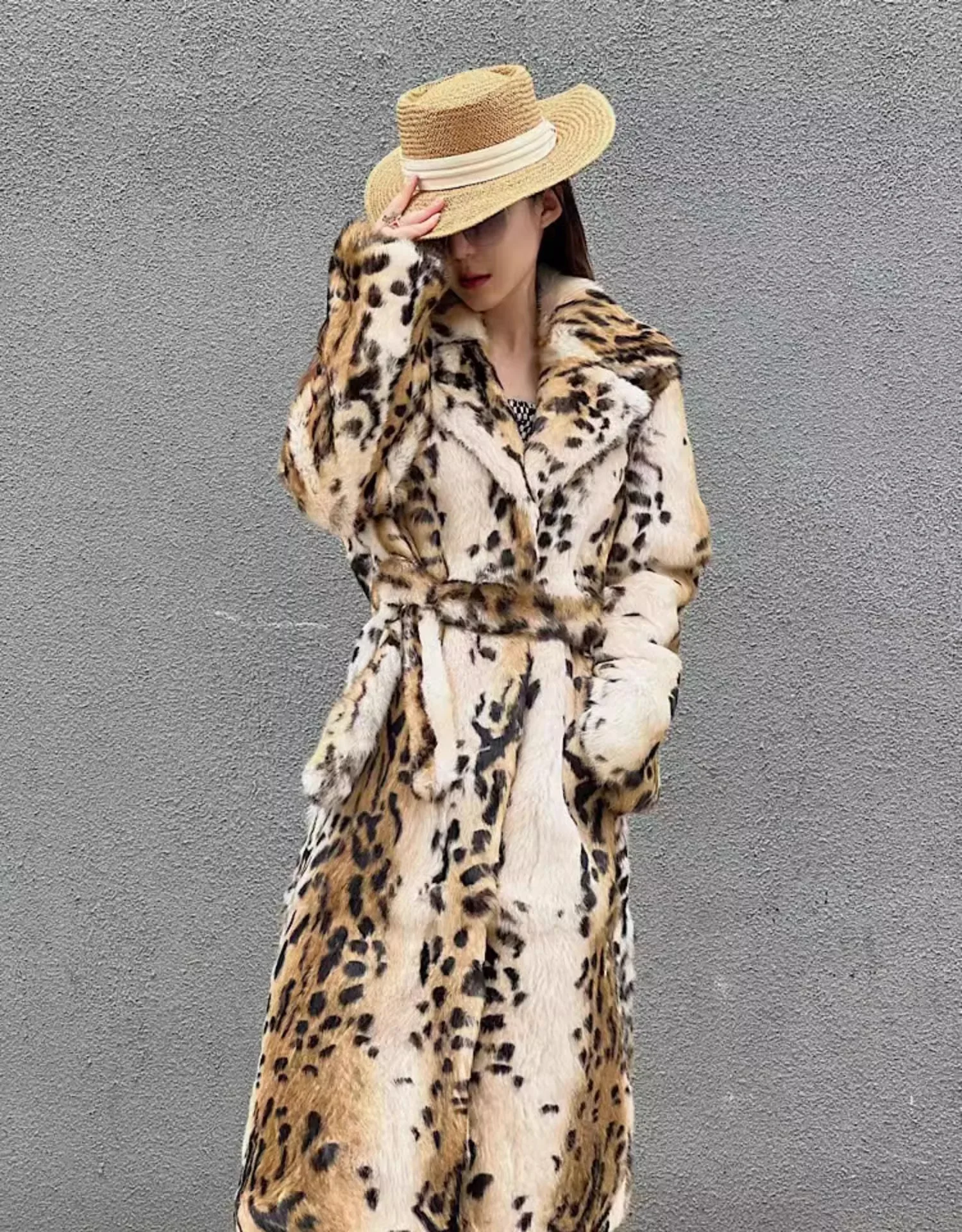 Genuine natural real Rabbit Fur Coat women's long leopard jacket with belt ladies warm winter outwear custom any size