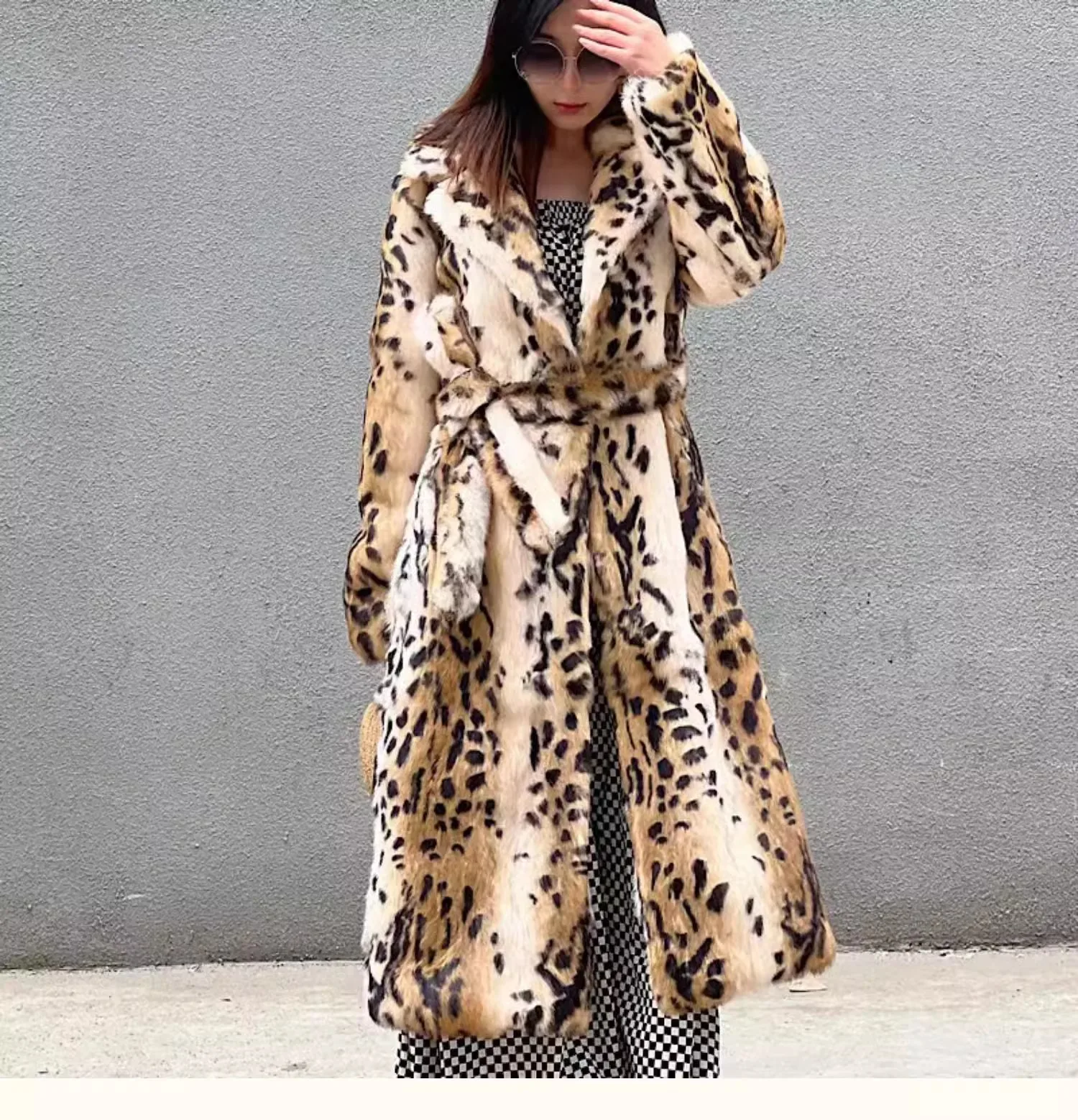 Genuine natural real Rabbit Fur Coat women's long leopard jacket with belt ladies warm winter outwear custom any size