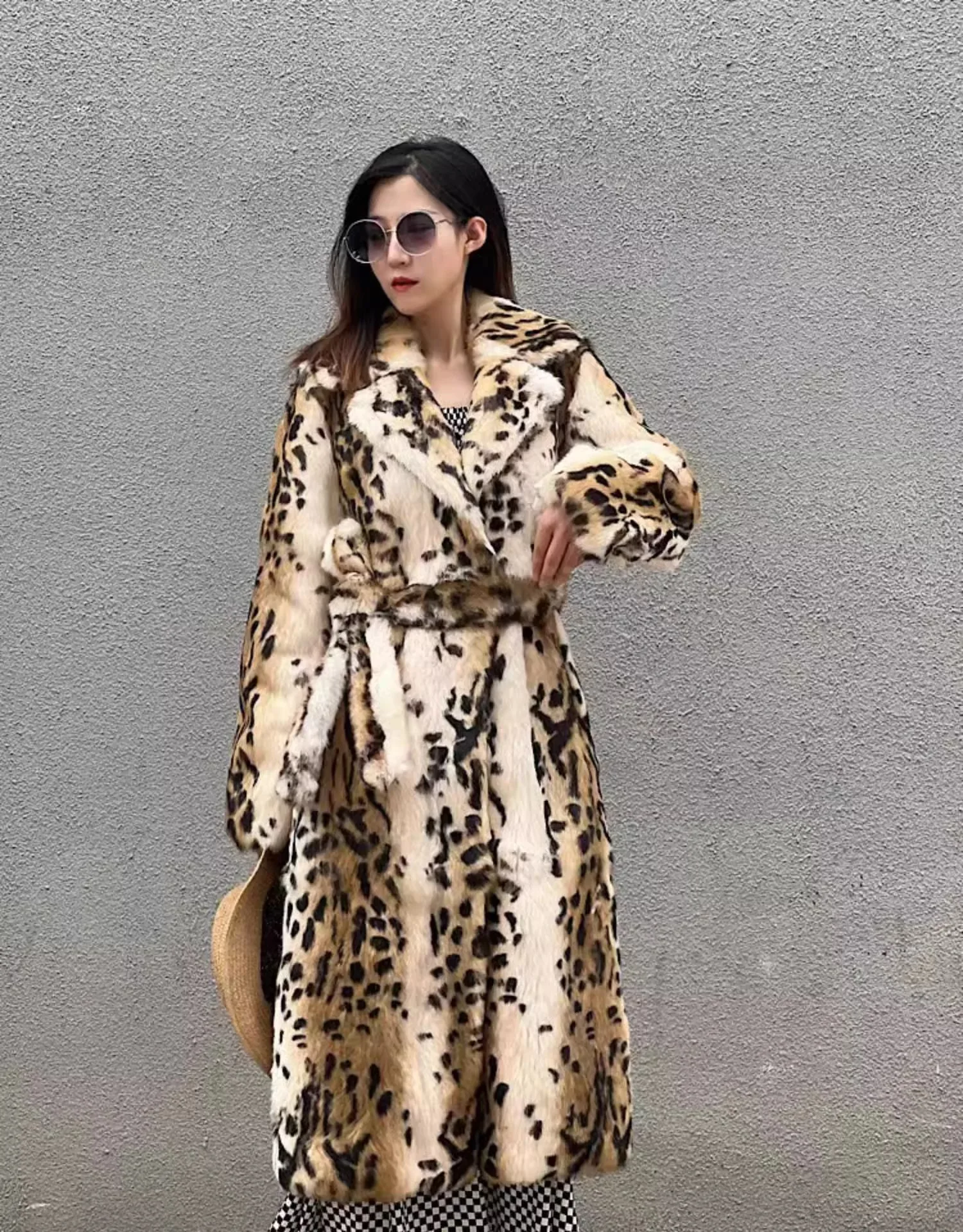 Genuine natural real Rabbit Fur Coat women's long leopard jacket with belt ladies warm winter outwear custom any size