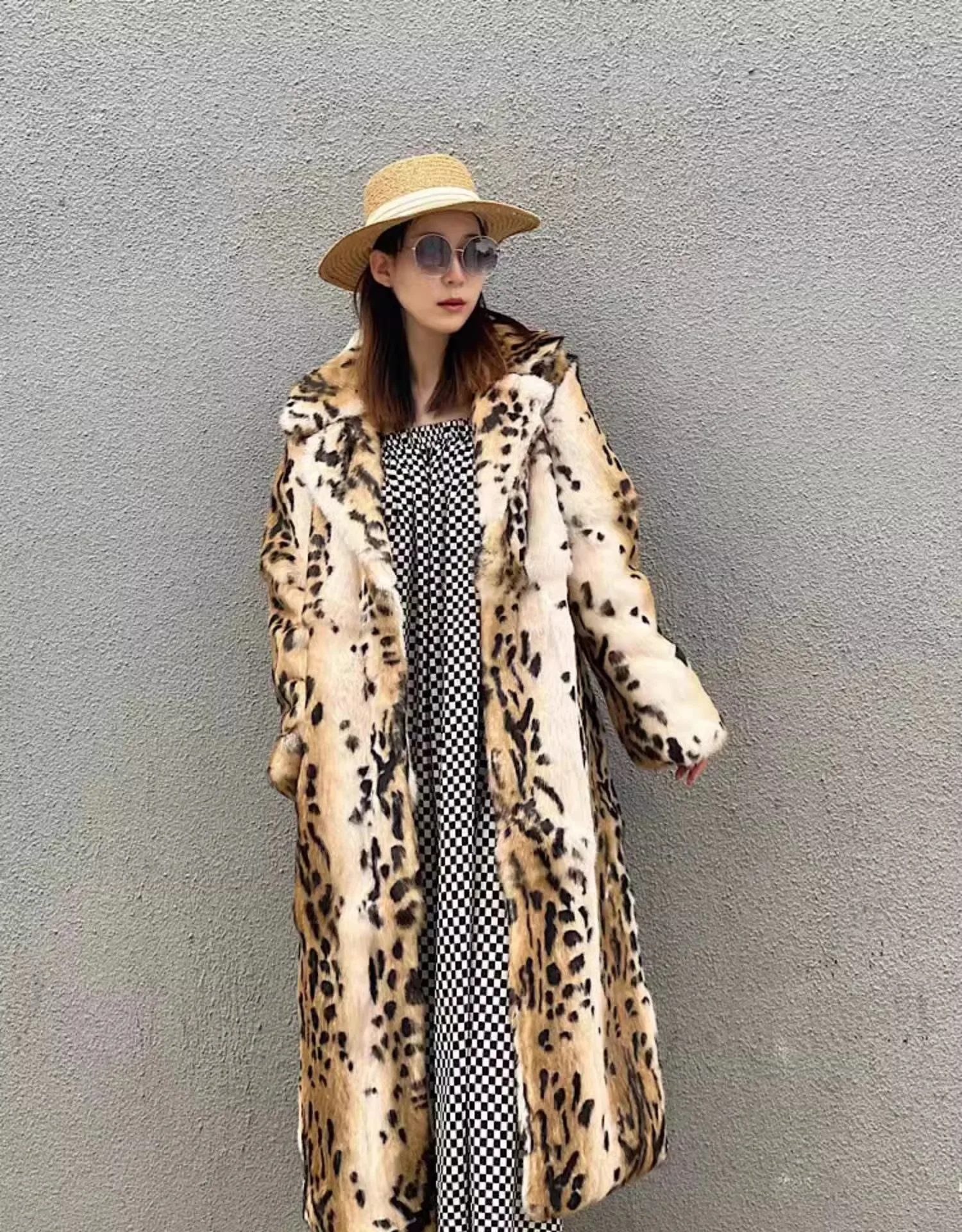 Genuine natural real Rabbit Fur Coat women's long leopard jacket with belt ladies warm winter outwear custom any size