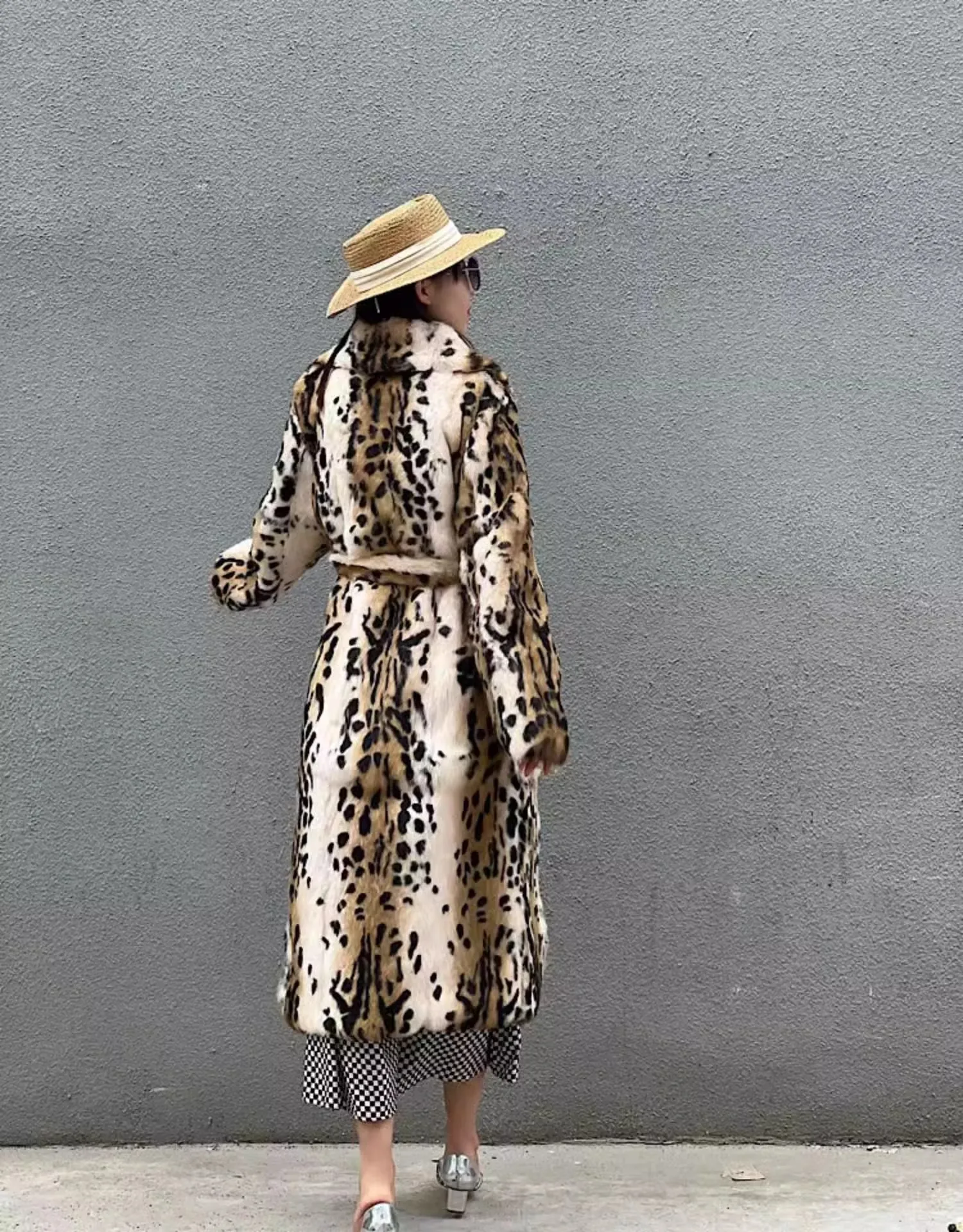 Genuine natural real Rabbit Fur Coat women's long leopard jacket with belt ladies warm winter outwear custom any size