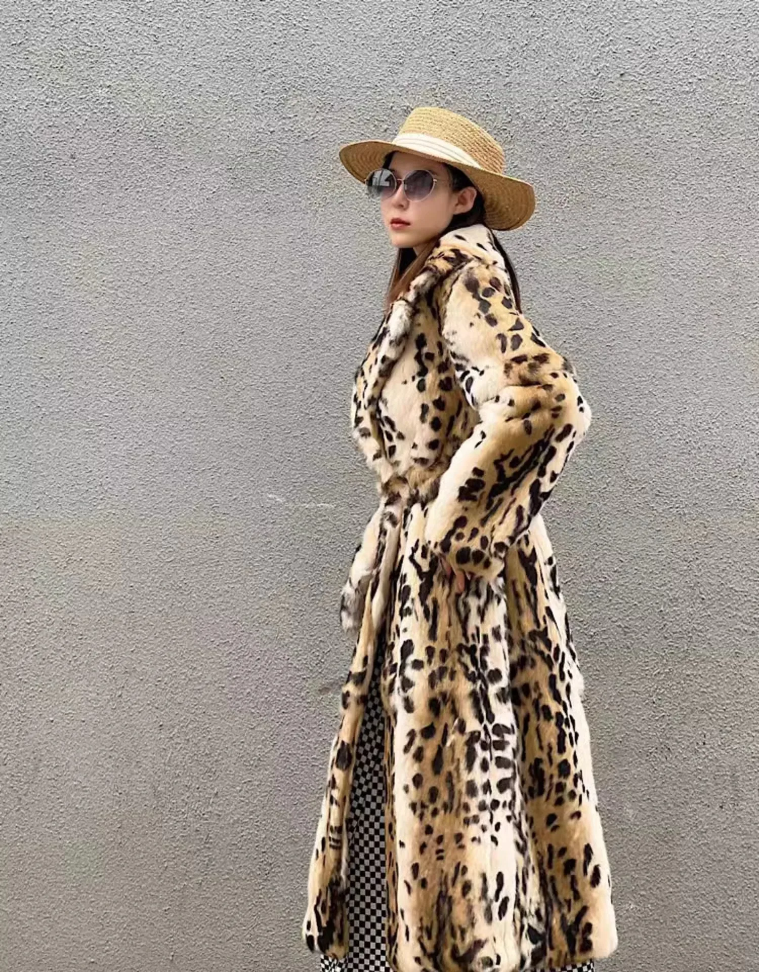 Genuine natural real Rabbit Fur Coat women's long leopard jacket with belt ladies warm winter outwear custom any size