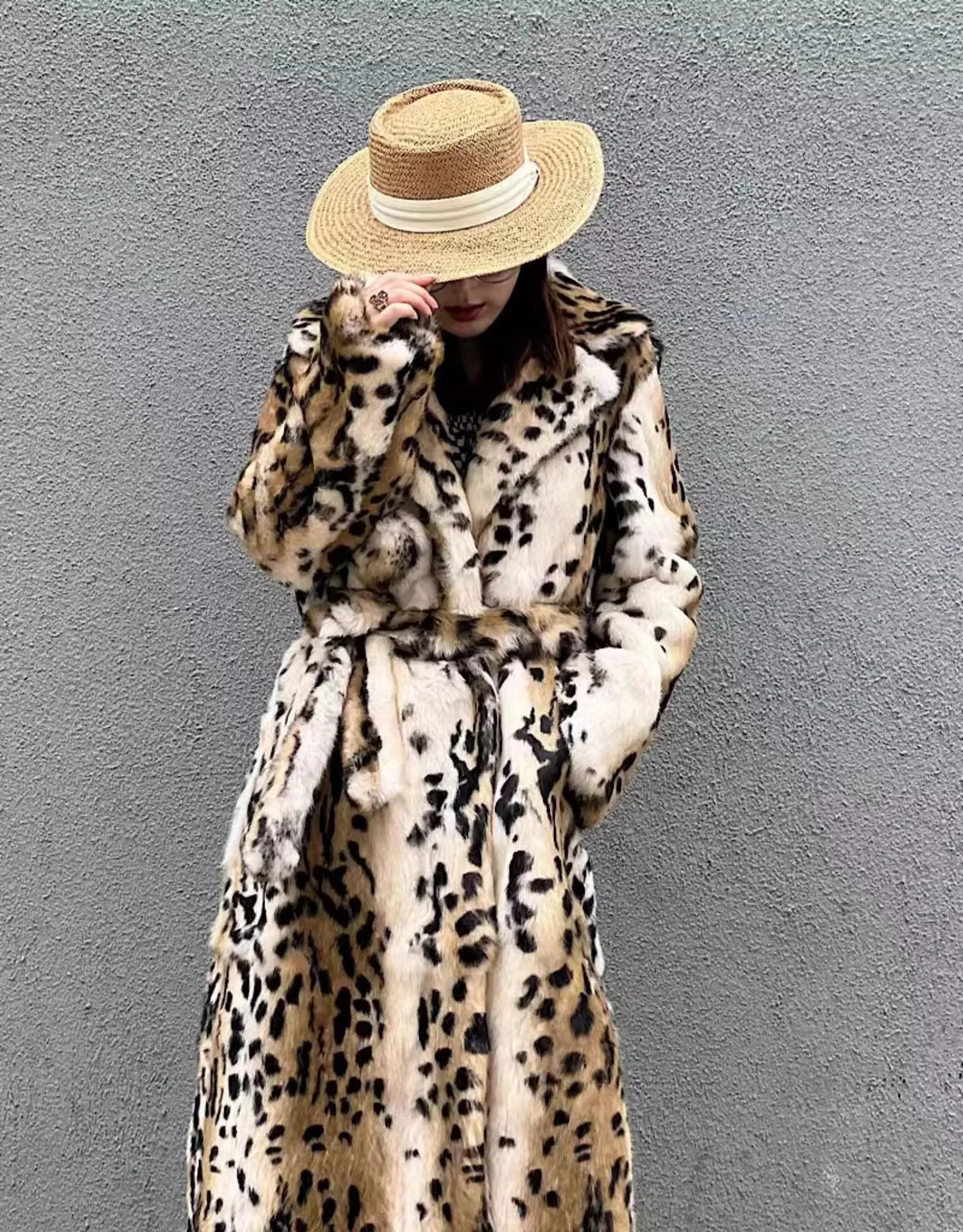 Genuine natural real Rabbit Fur Coat women's long leopard jacket with belt ladies warm winter outwear custom any size