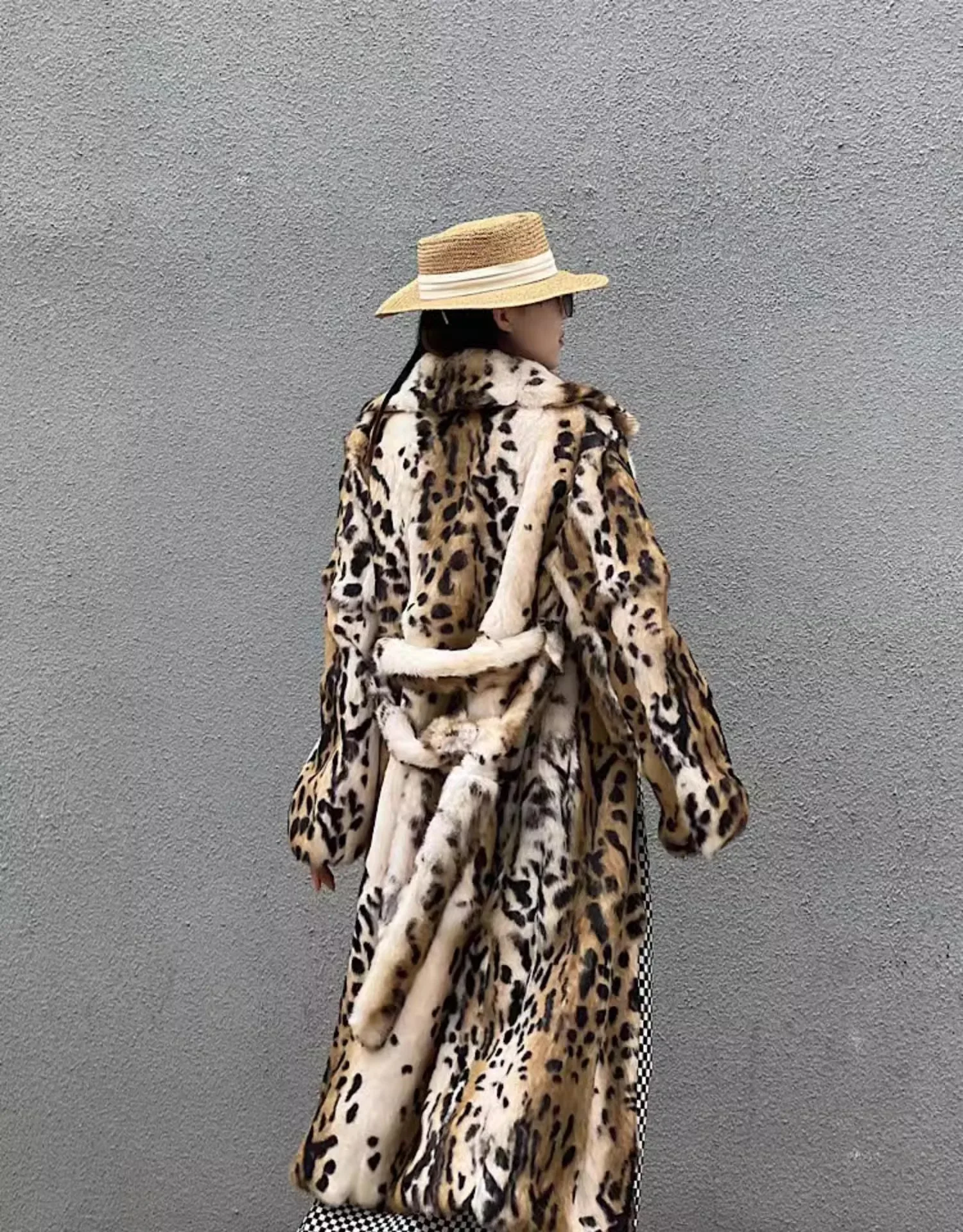 Genuine natural real Rabbit Fur Coat women's long leopard jacket with belt ladies warm winter outwear custom any size