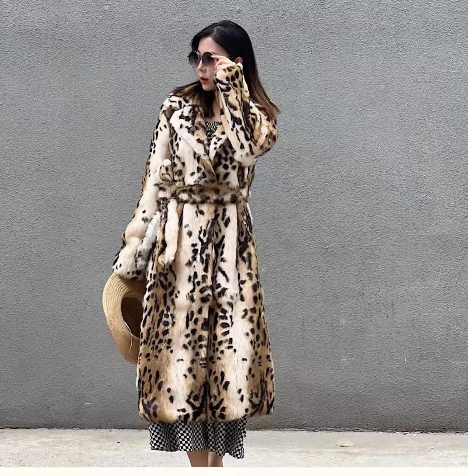 Genuine natural real Rabbit Fur Coat women's long leopard jacket with belt ladies warm winter outwear custom any size
