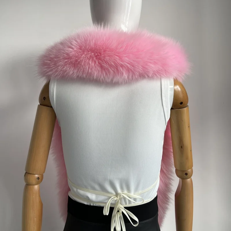 BEIZIRU Women's Real Fox Fur Halter Vest Sleeveless Deep V-Neck Solid Top Outerwear Fluffy Luxury Fashion
