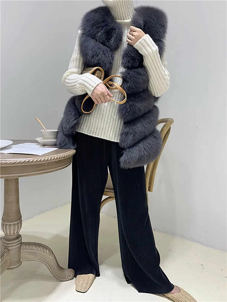 Women Natural Real Fox Fur Vest Autumn Winter Ladies 6 Strips Gilet Sleeveless Genuine Fur Coat Female Real Fur Vest Waistcoat