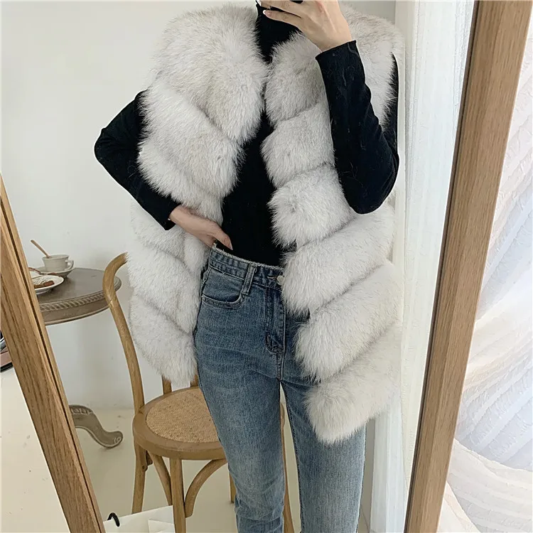 Women Natural Real Fox Fur Vest Autumn Winter Ladies 6 Strips Gilet Sleeveless Genuine Fur Coat Female Real Fur Vest Waistcoat