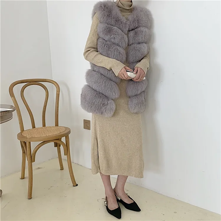 Women Natural Real Fox Fur Vest Autumn Winter Ladies 6 Strips Gilet Sleeveless Genuine Fur Coat Female Real Fur Vest Waistcoat