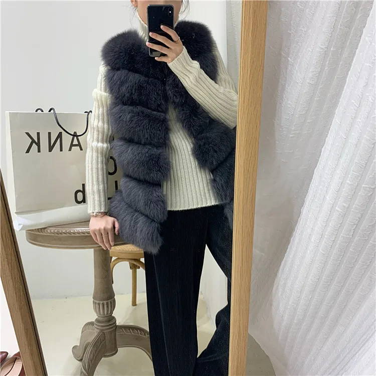 Women Natural Real Fox Fur Vest Autumn Winter Ladies 6 Strips Gilet Sleeveless Genuine Fur Coat Female Real Fur Vest Waistcoat